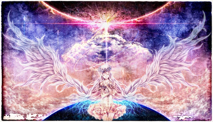 ouds , earth , flowers , halo , ia , long_hair , stars , vocaloid , white_hair , wings