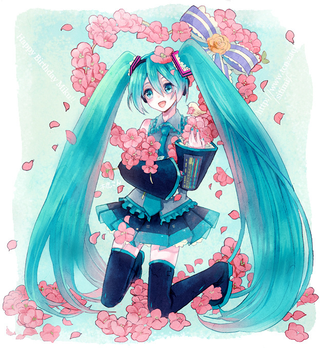 Miku with flowers and birds